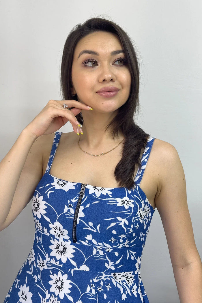 Askılı Mavi Çiçek Elbise