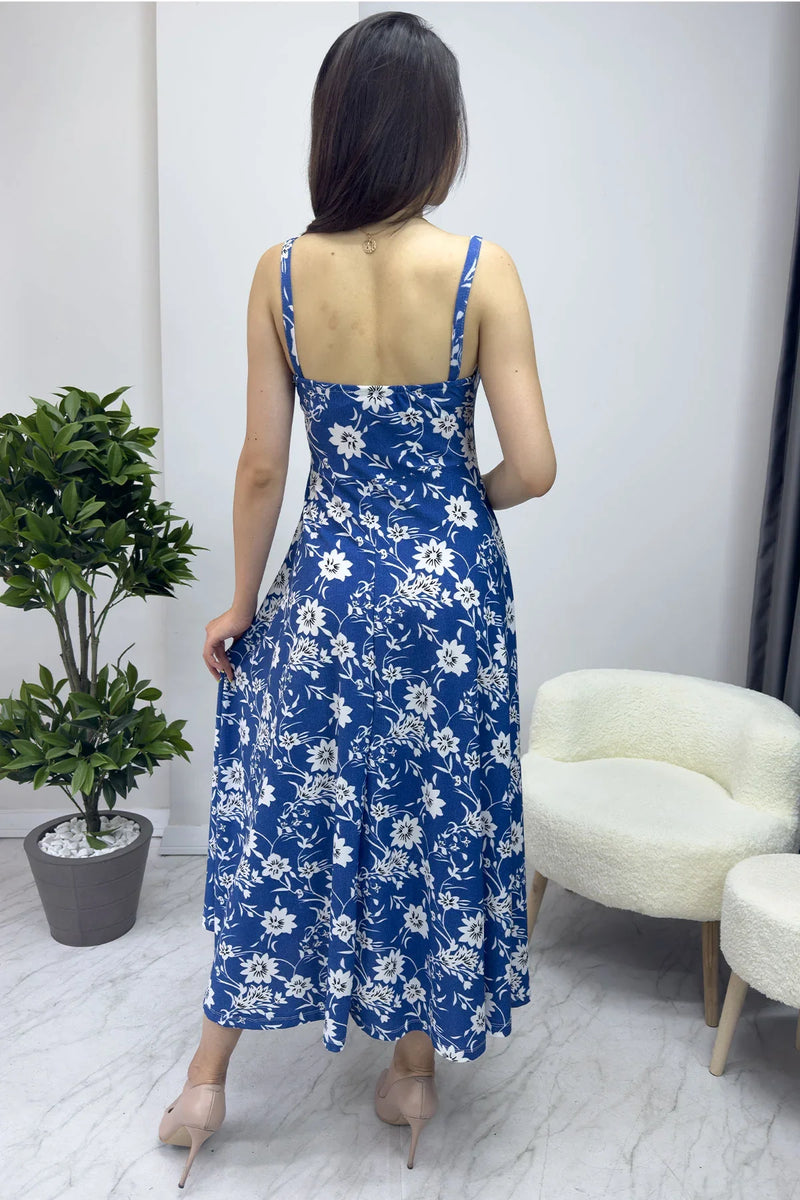 Askılı Mavi Çiçek Elbise