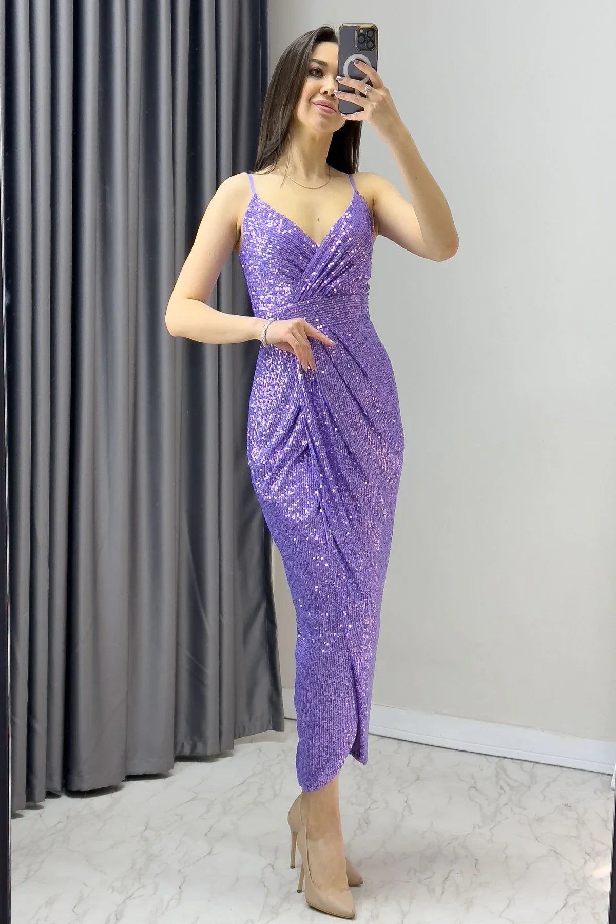 Lila Askılı Pul Payet Kruvaze Yırtmaçlı Abiye Elbise