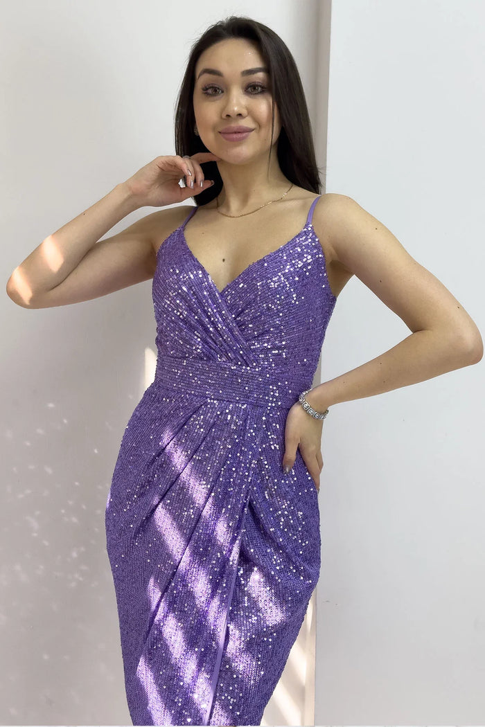 Lila Askılı Pul Payet Kruvaze Yırtmaçlı Abiye Elbise