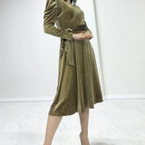 Bal Köpüğü Kadın Karpuz Kol Kruvaze Kadife Kuşaklı Büyük Beden Elbise