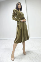 Bal Köpüğü Kadın Karpuz Kol Kruvaze Kadife Kuşaklı Büyük Beden Elbise

