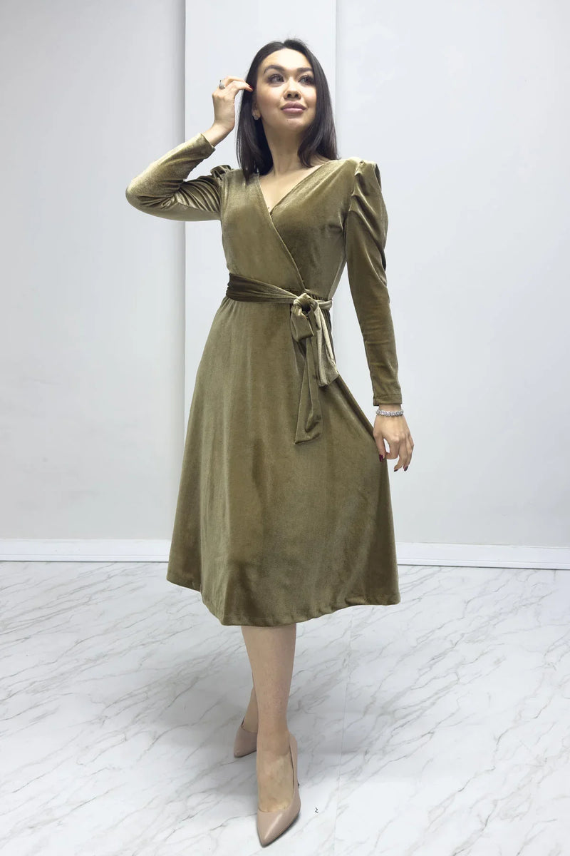 Bal Köpüğü Kadın Karpuz Kol Kruvaze Kadife Kuşaklı Büyük Beden Elbise

