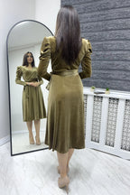 Bal Köpüğü Kadın Karpuz Kol Kruvaze Kadife Kuşaklı Büyük Beden Elbise

