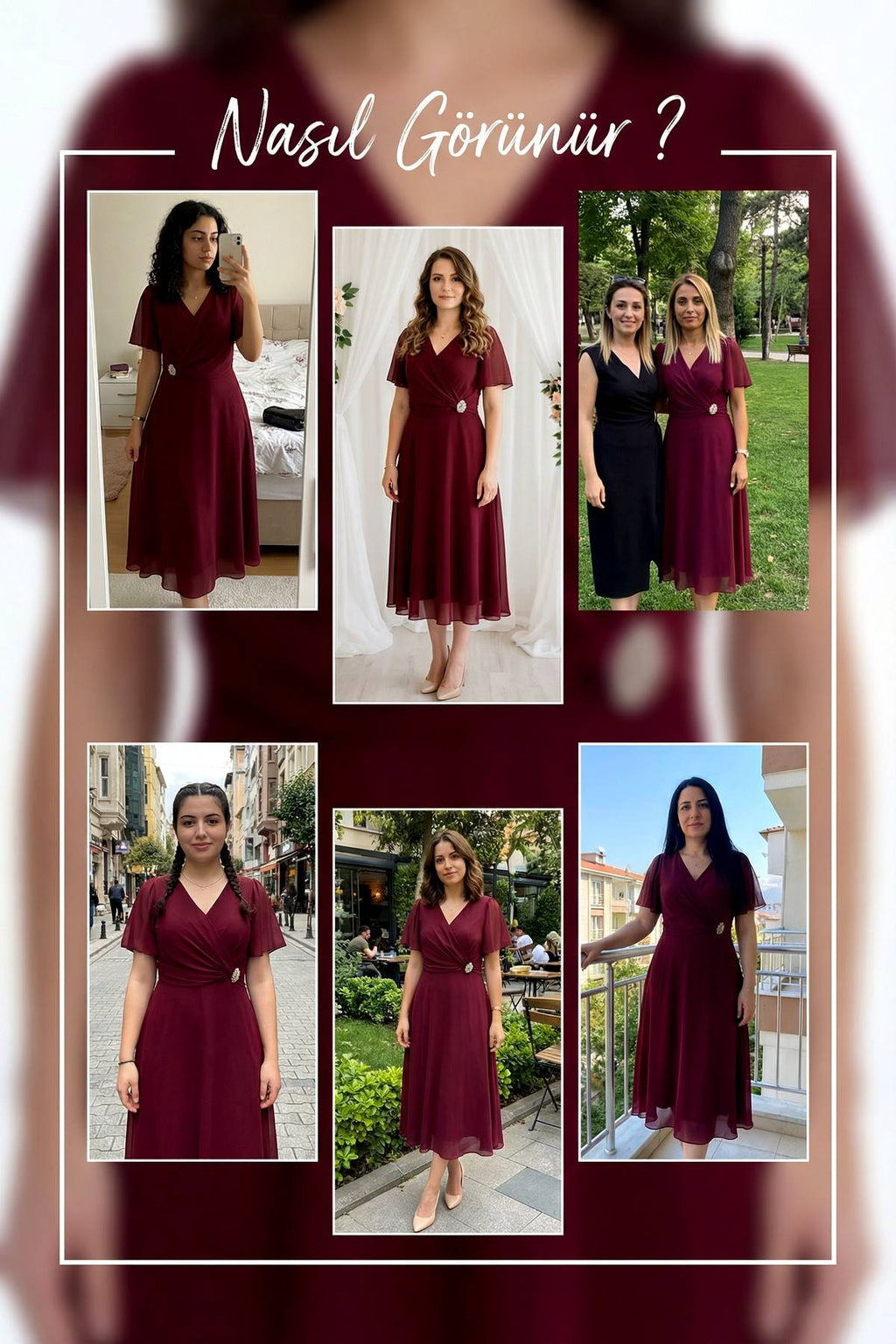 Büyük Beden Bordo Şifon Midi Abiye – Kruvaze Broş Detaylı