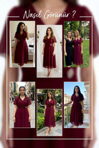 Büyük Beden Bordo Şifon Midi Abiye – Kruvaze Broş Detaylı