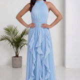 Bebe Mavi Halter Yaka Fırfırlı Uzun Mezuniyet Elbisesi