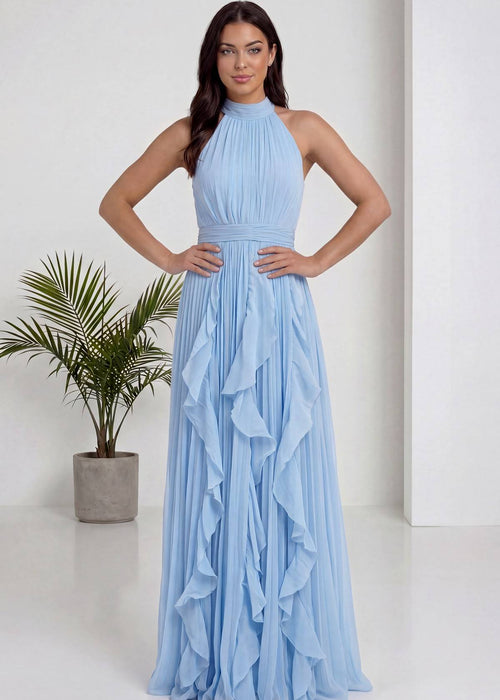 Bebe Mavi Halter Yaka Fırfırlı Uzun Mezuniyet Elbisesi