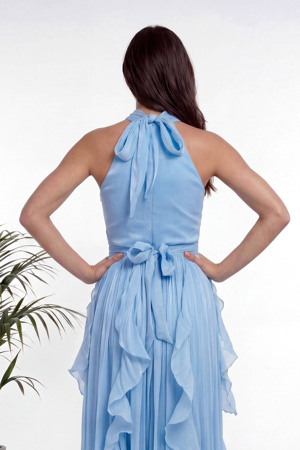The ZKS bebe mavisi halter yaka elbise arkadan görünüm fiyonk detaylı