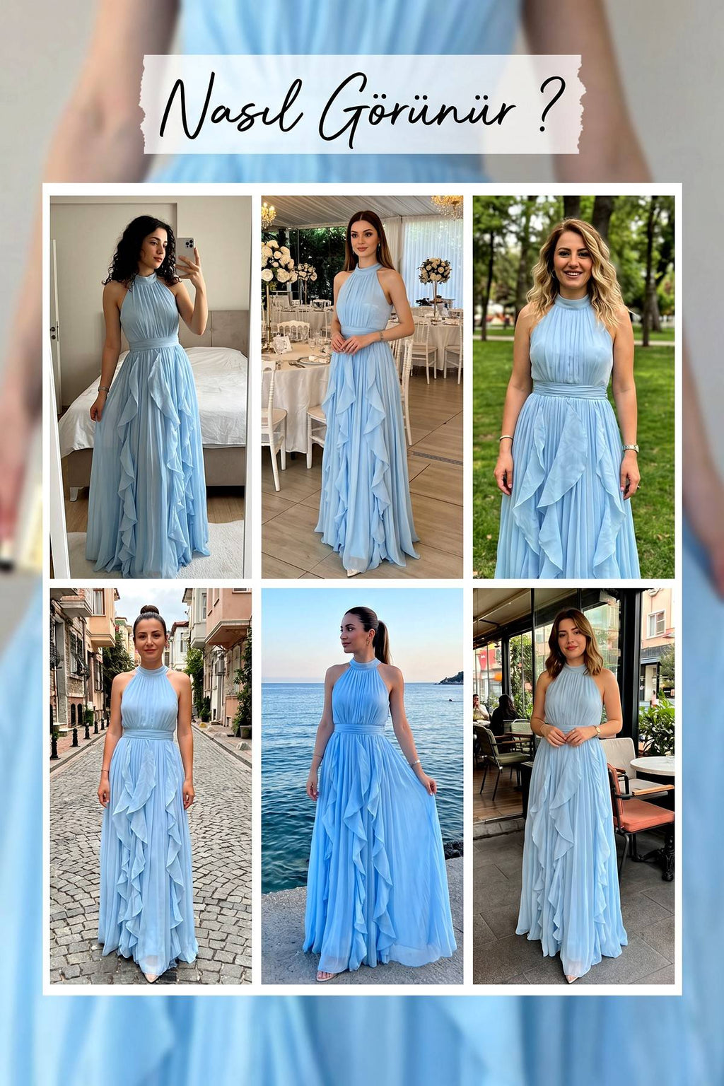 Farklı mekanlarda giyilmiş bebe mavisi halter yaka fırfırlı elbise kombinleri kolajı