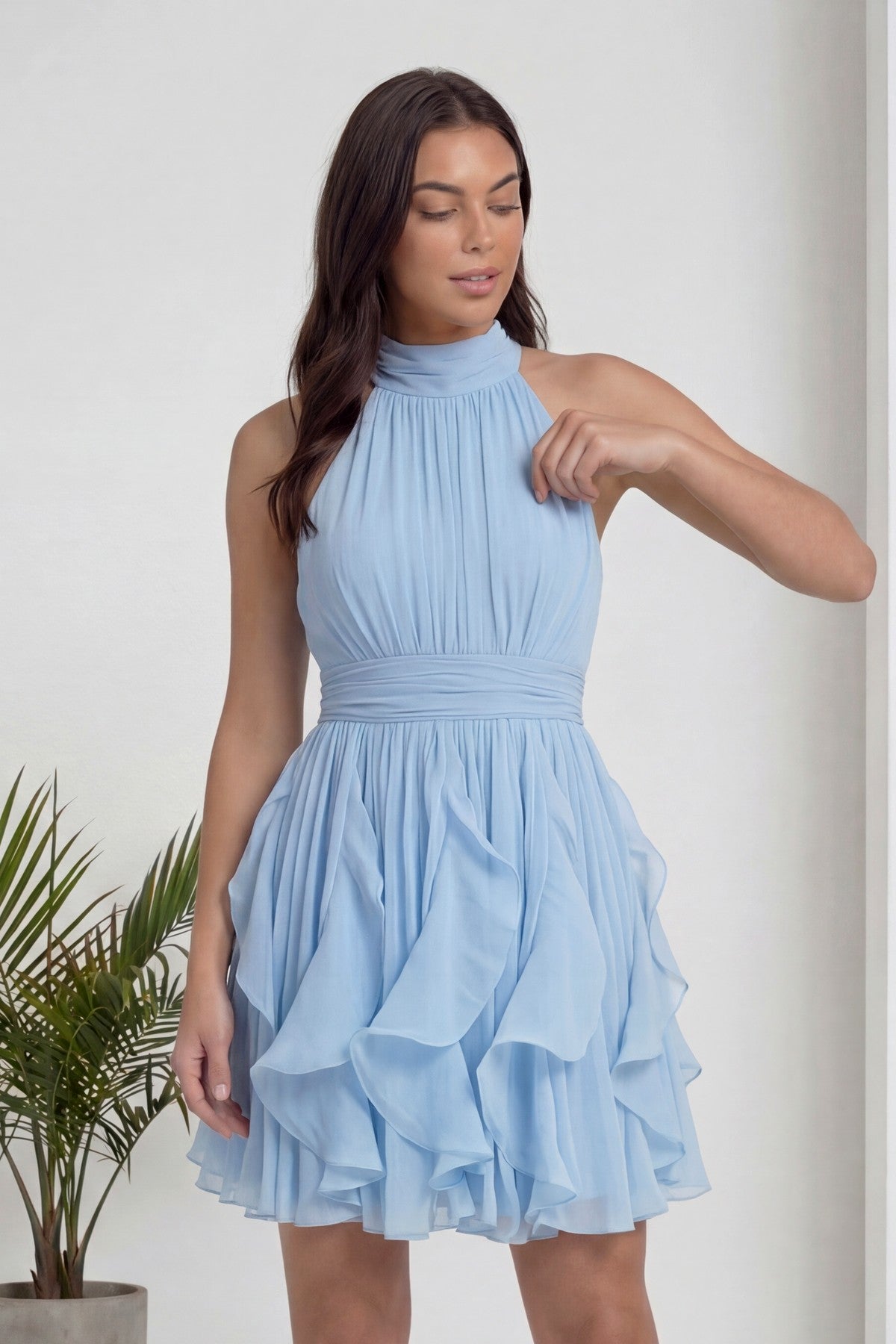 Bebe Mavi Halter Yaka Volanlı Şifon Elbise Mezuniyet Düğün Abiyesi