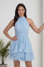 Bebe Mavi Halter Yaka Volanlı Şifon Elbise Mezuniyet Abiyesi 