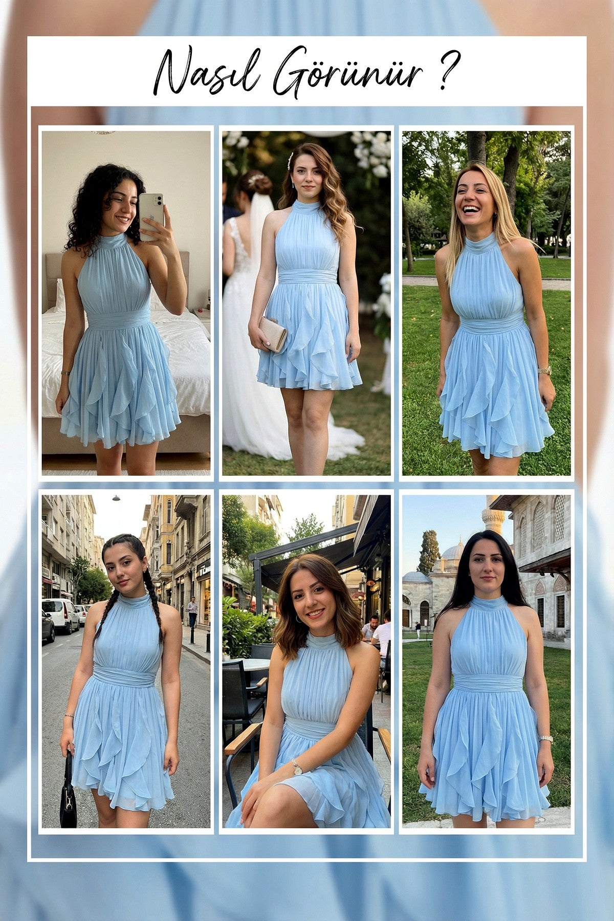 Bebe Mavi Halter Yaka Volanlı Şifon Elbise  Denemesi