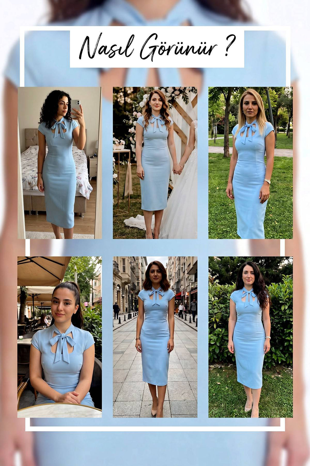 Farklı modeller üzerinde bebe mavi kare yaka boyundan bağlamalı midi elbise kombinleri