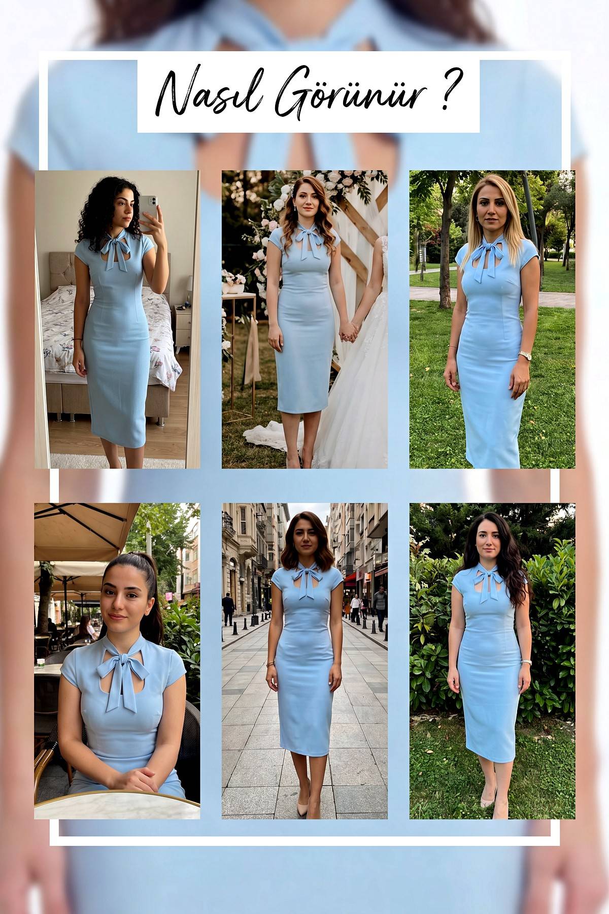 Farklı modeller üzerinde bebe mavi kare yaka boyundan bağlamalı midi elbise kombinleri