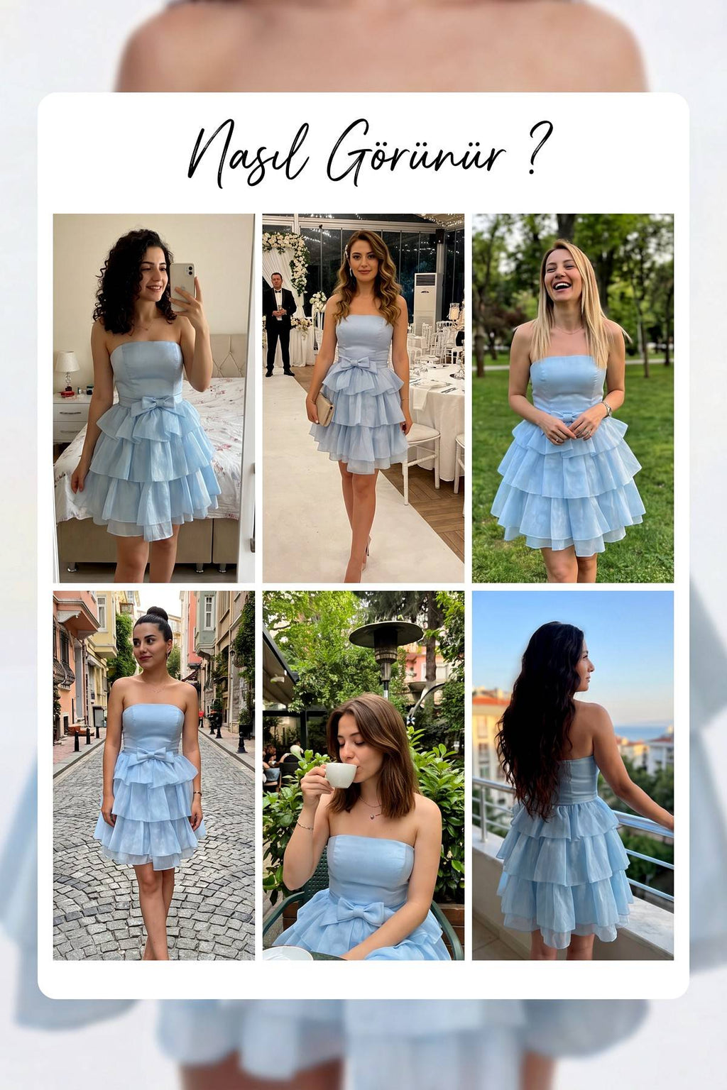 The ZKS bebe mavisi straplez fırfır etekli kısa abiye elbise farklı kullanım alanları