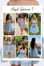 The ZKS bebe mavisi straplez fırfır etekli kısa abiye elbise farklı kullanım alanları