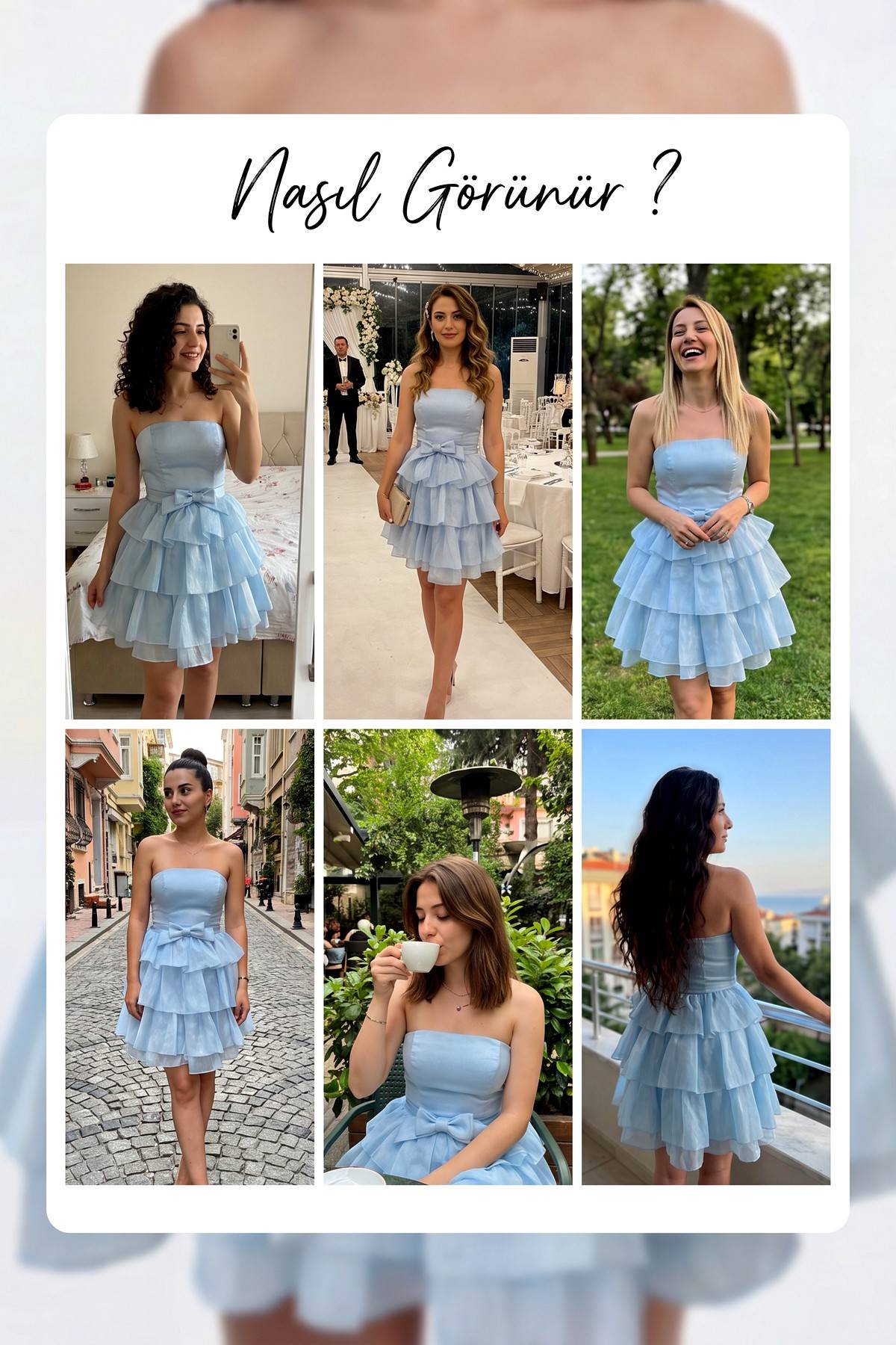 The ZKS bebe mavisi straplez fırfır etekli kısa abiye elbise farklı kullanım alanları