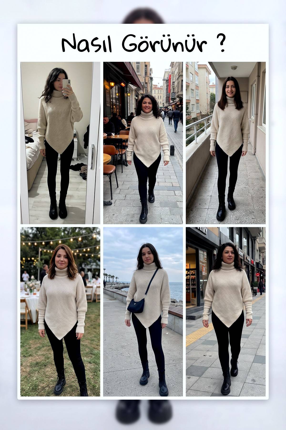 The ZKS bej boğazlı asimetrik kazak, farklı mekanlarda kullanıma uygun çok yönlü bir parça.