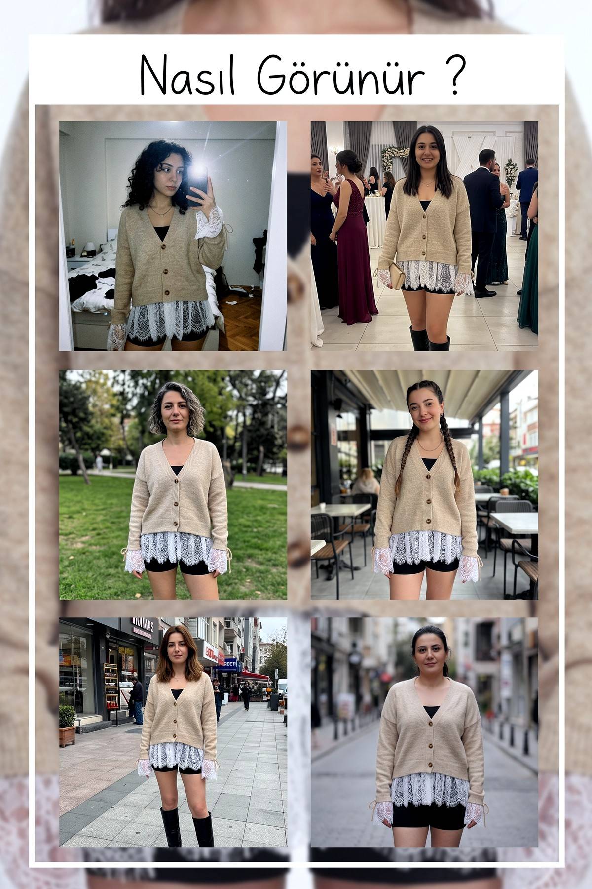 The ZKS bej triko hırka, farklı mekanlarda ve açılarda kombin önerileri sunan kolaj görsel.
