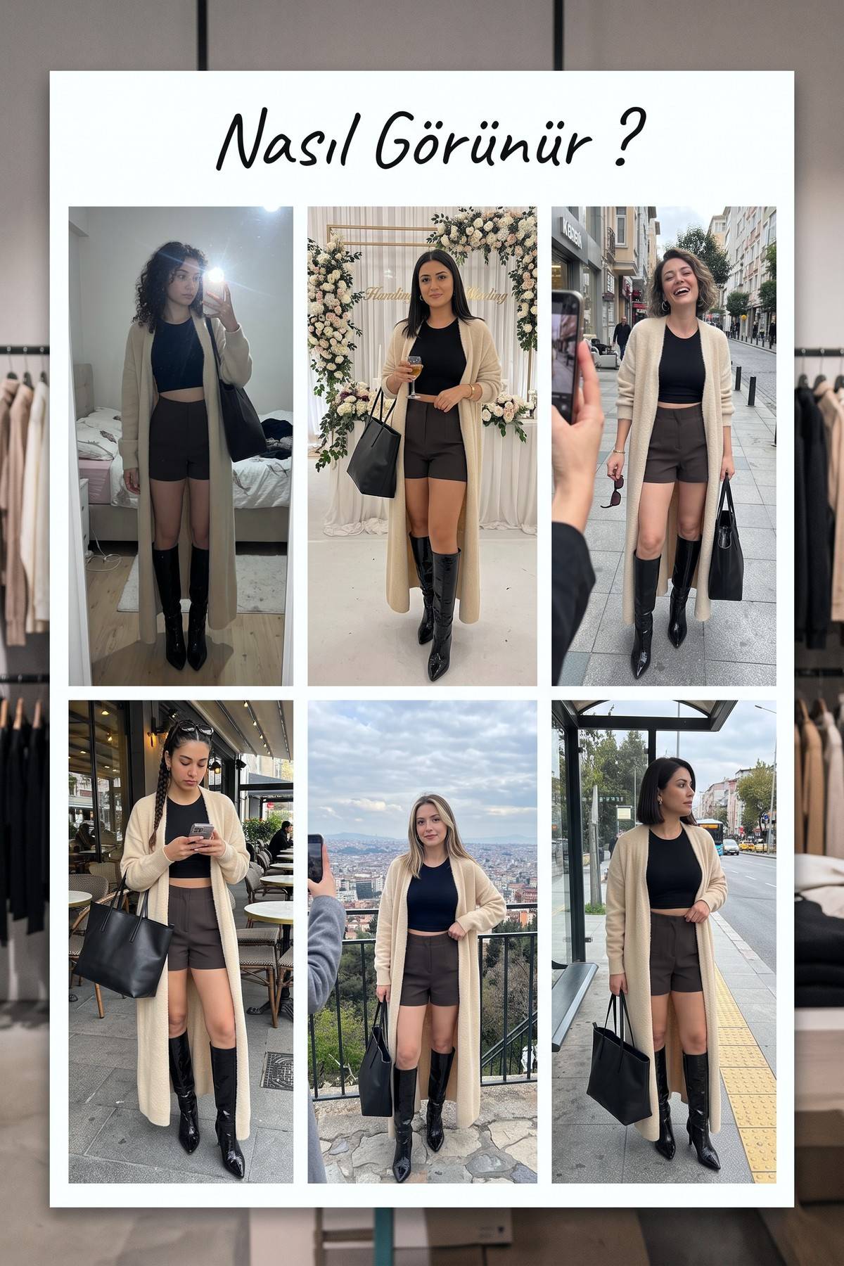 Kombin önerisi: The ZKS bej tüylü hırka, siyah crop top ve şort ile şık görünüm