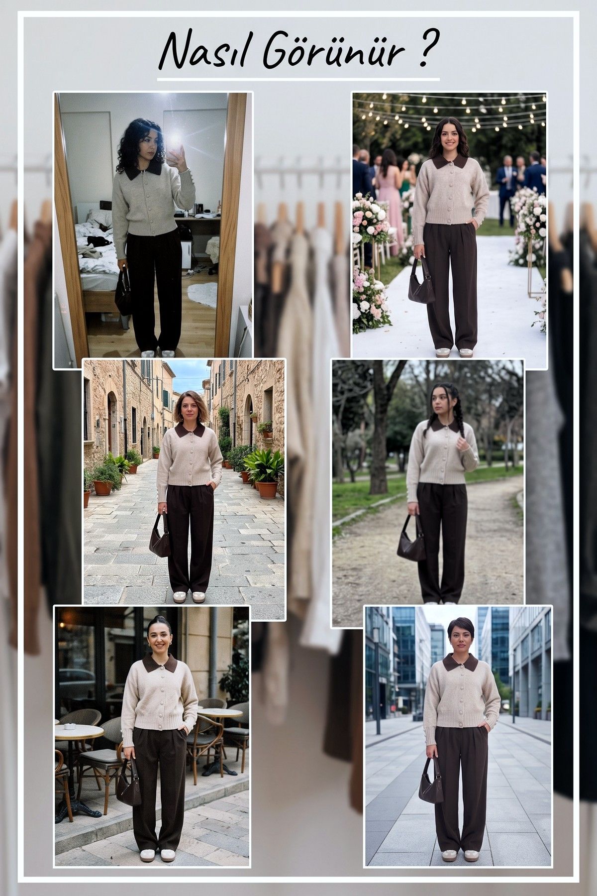 Farklı mekanlarda bej ZKS triko hırka ve kahverengi pantolon kombini ile stil önerileri sunuluyor.