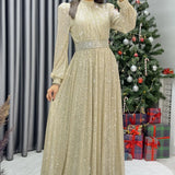 Bej Pul Payet Büzgü Detay Maxi Abiye Elbise