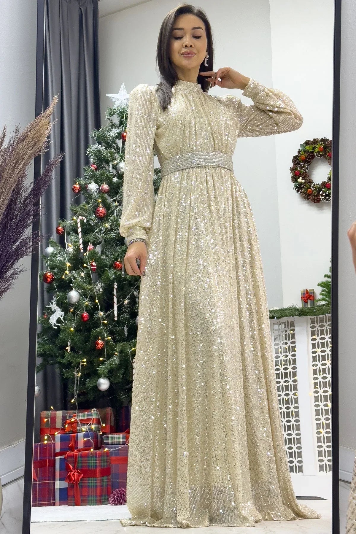 Bej Pul Payet Büzgü Detay Maxi Abiye Elbise - the ZKS