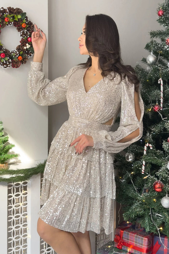 Bej Pul Payet Sırt Dekolteli Mini After Abiye Elbise - the ZKS