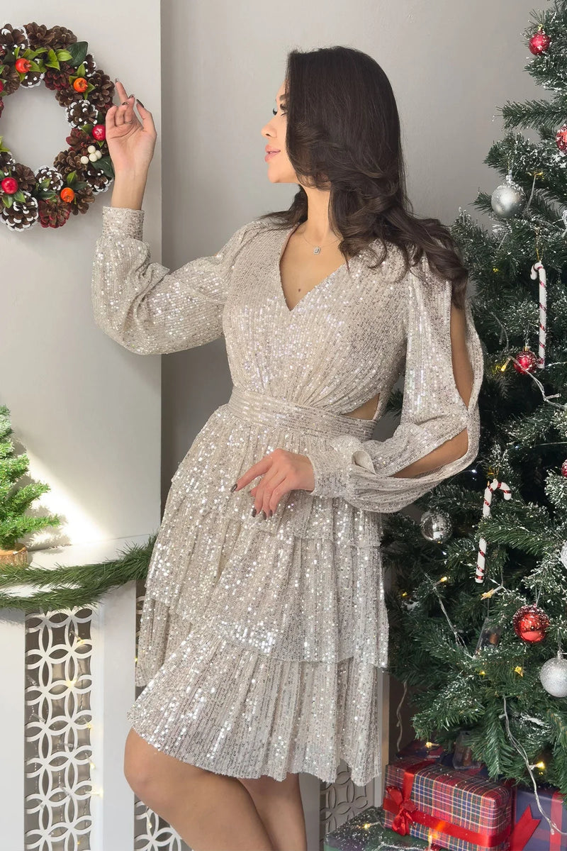 Bej Pul Payet Sırt Dekolteli Mini After Abiye Elbise - the ZKS