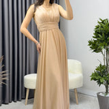 Gold Sıfır Kol Transparan Detay Abiye Elbise