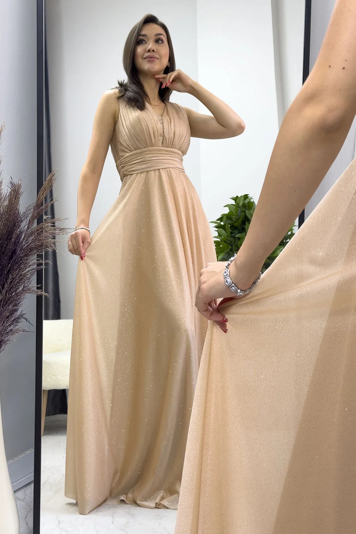 Gold Sıfır Kol Transparan Detay Abiye Elbise