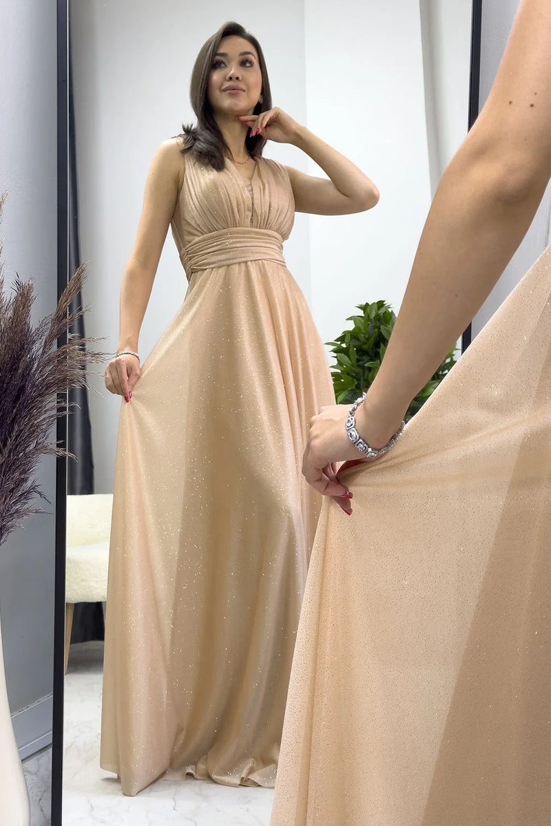 Gold Sıfır Kol Transparan Detay Abiye Elbise