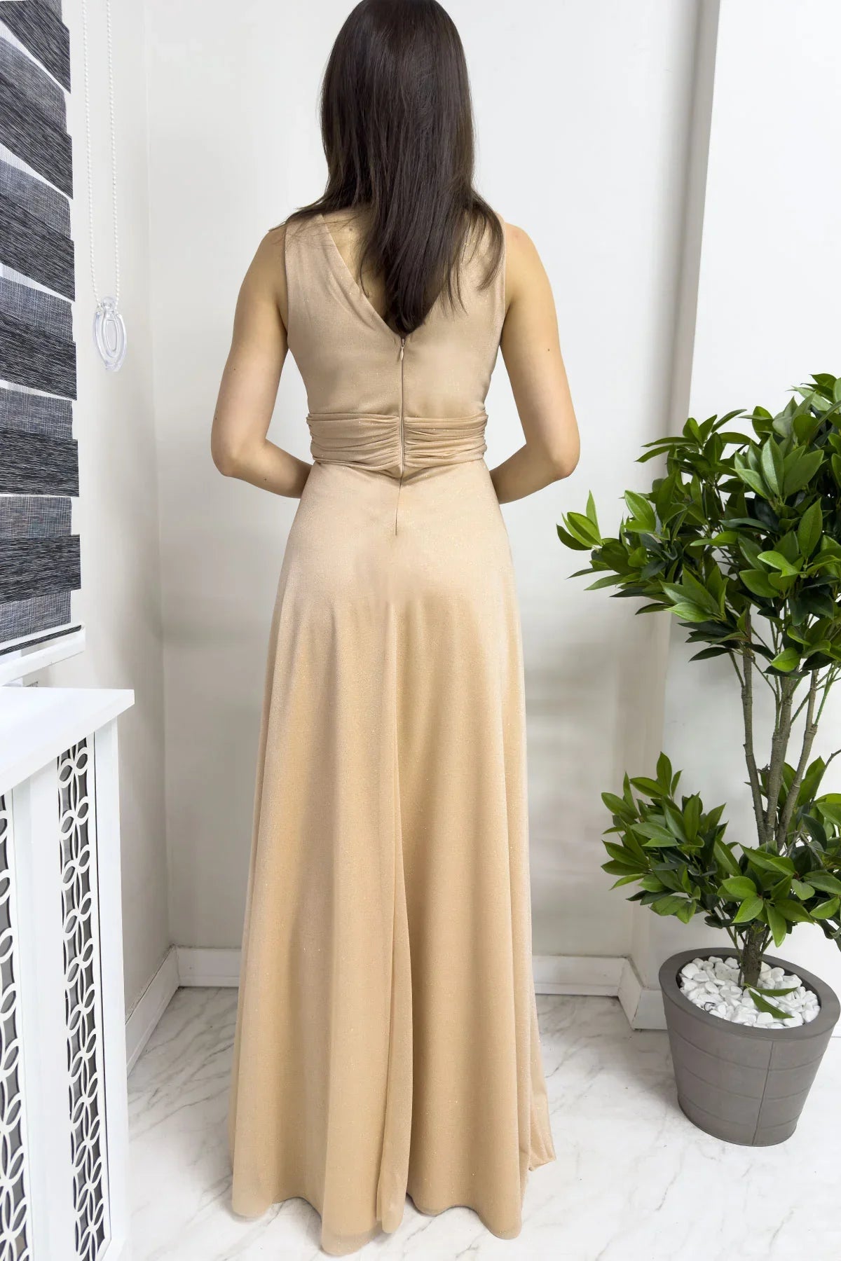 Gold Sıfır Kol Transparan Detay Abiye Elbise