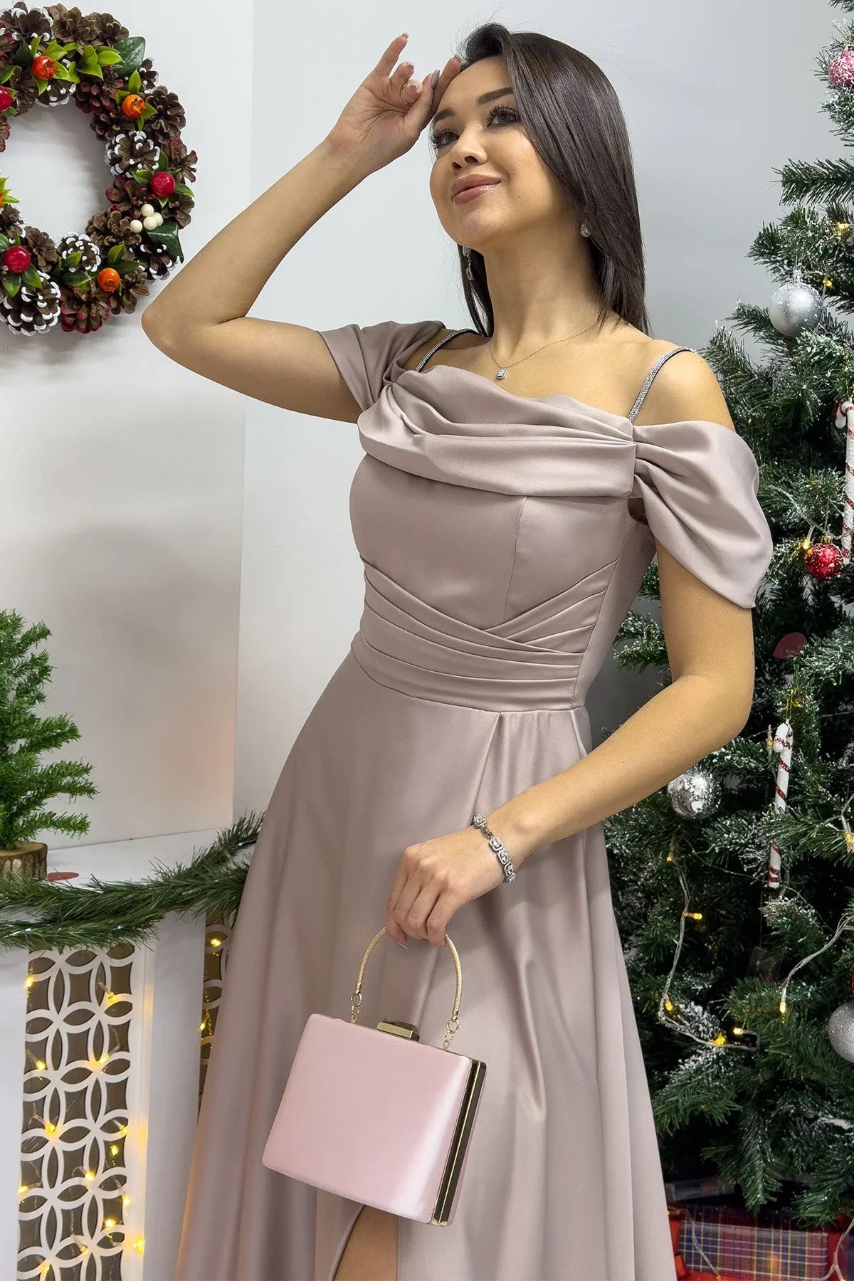 Bej Taş Askılı Düşük Omuz Saten Yırtmaçlı Abiye Elbise - the ZKS