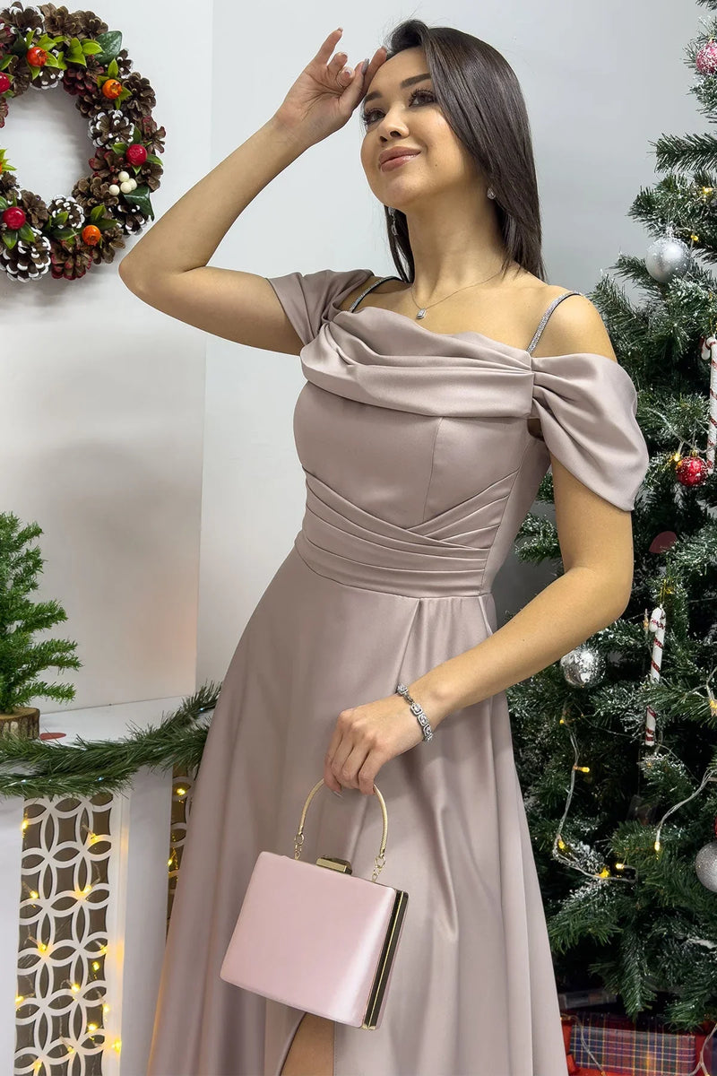 Bej Taş Askılı Düşük Omuz Saten Yırtmaçlı Abiye Elbise - the ZKS