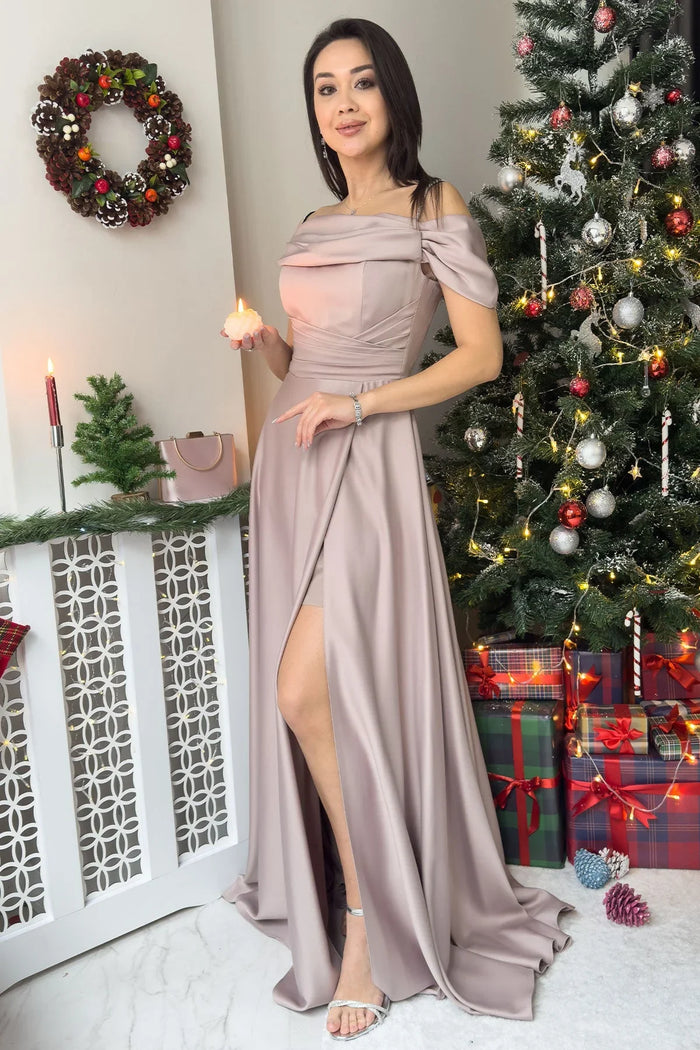 Bej Taş Askılı Düşük Omuz Saten Yırtmaçlı Abiye Elbise - the ZKS
