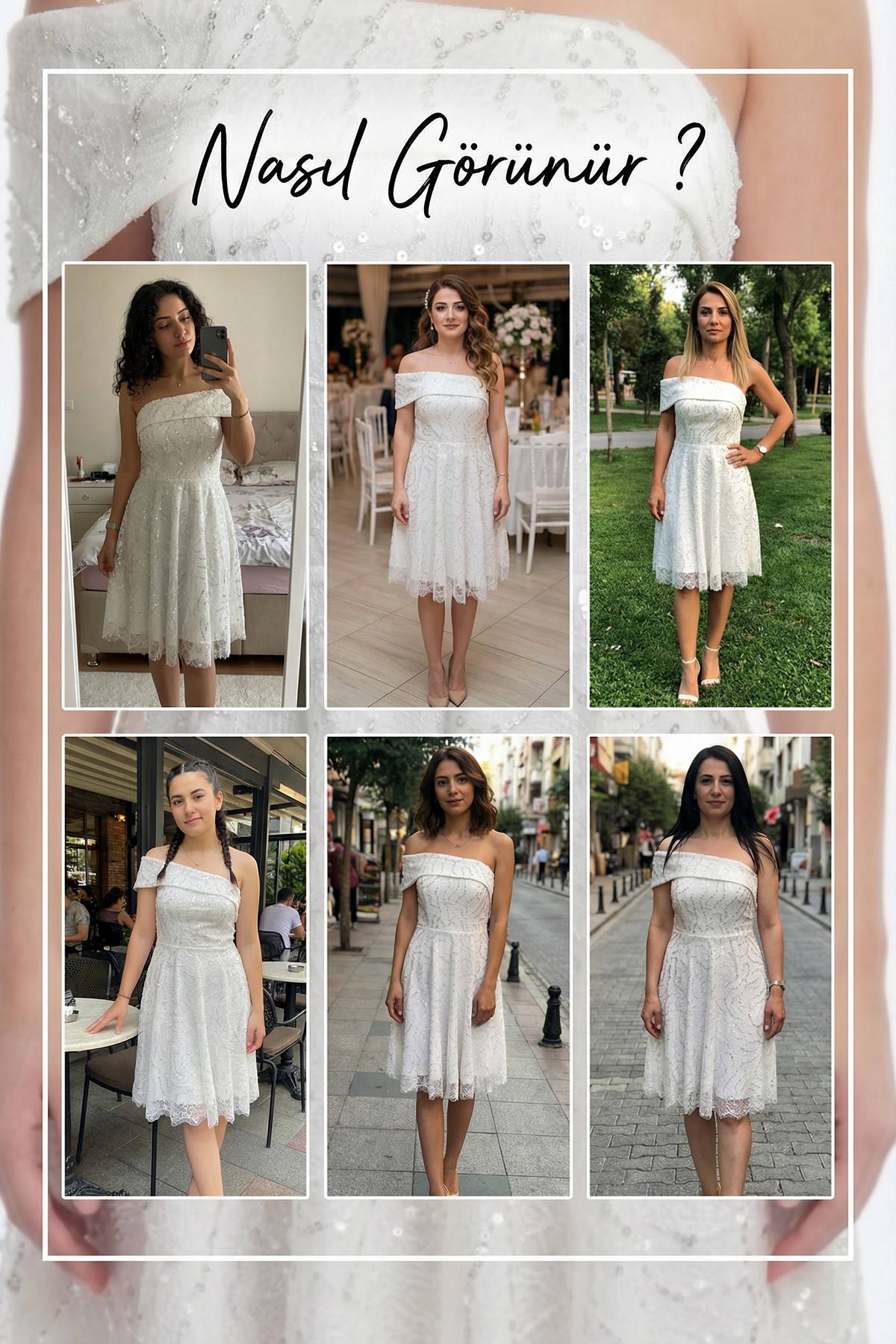 Farklı modellerin The ZKS beyaz tek omuzlu işlemeli abiye elbisesini giydiği kolaj görsel