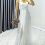 Kadın Beyaz Taş Askılı Ayarlanabilir Yırtmaçlı Büyük Beden Abiye Elbise