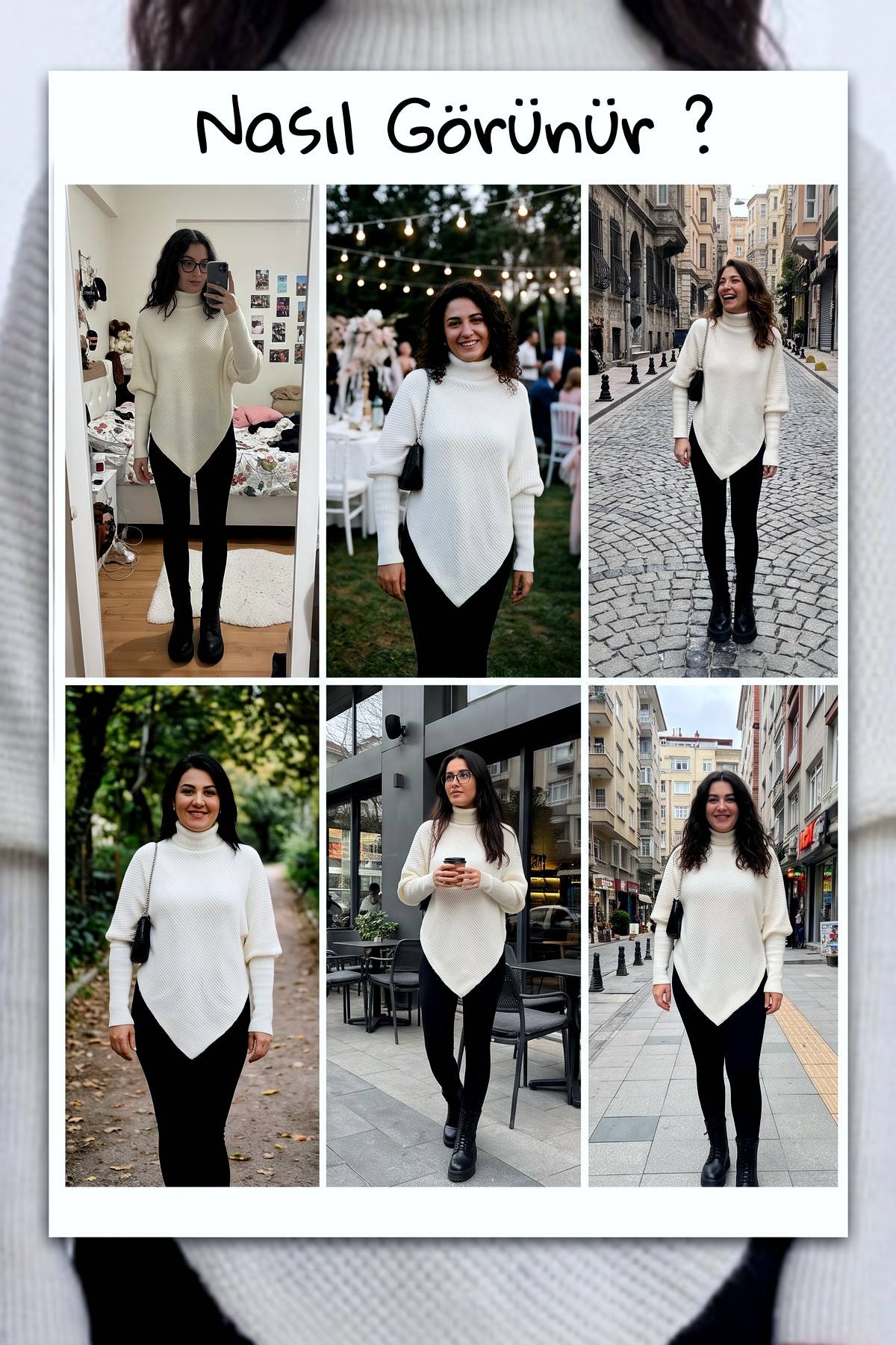 The ZKS beyaz boğazlı asimetrik kazak, farklı mekanlarda kombinlenmiş görünümler, modelin duruşu