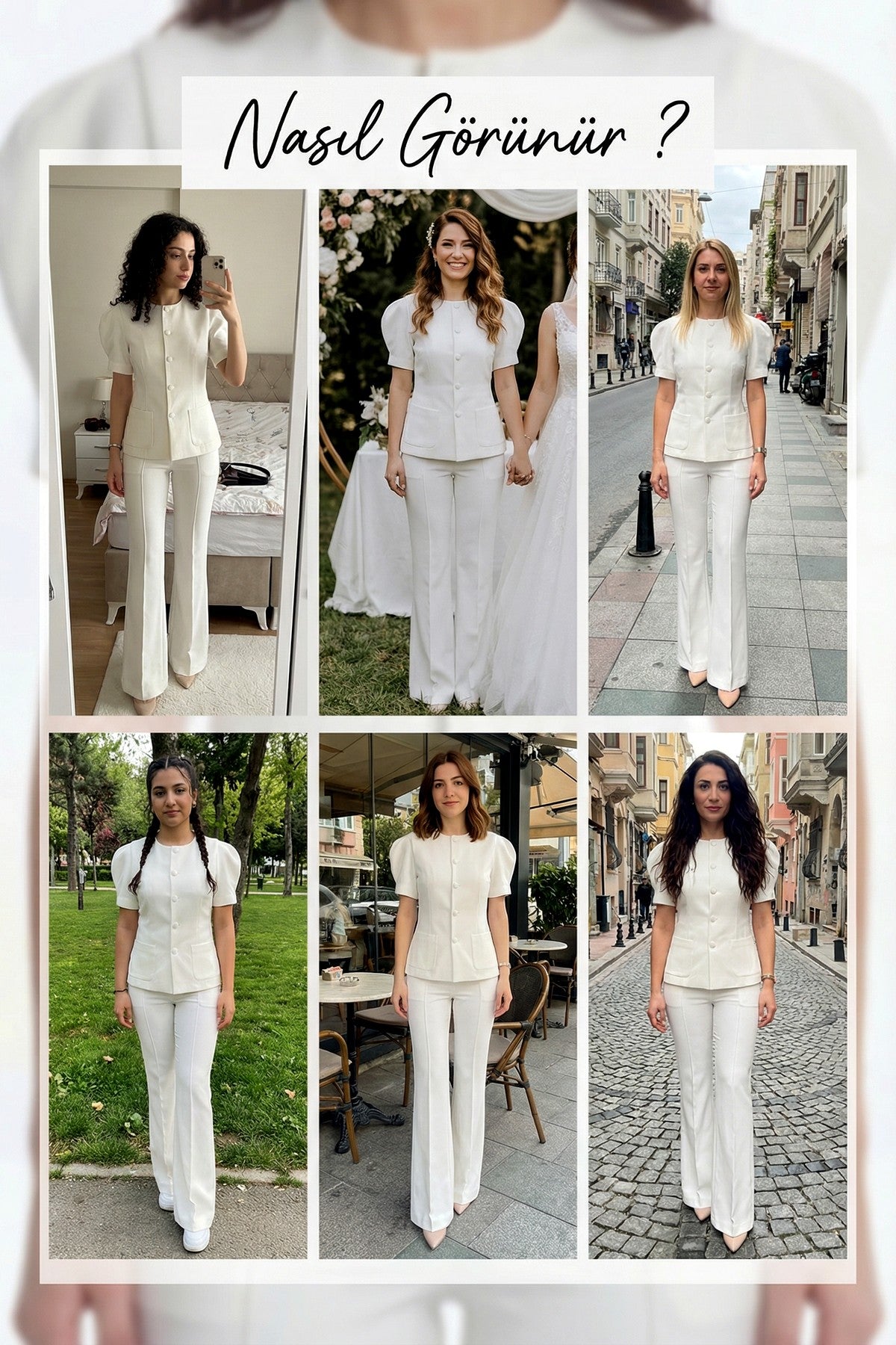 Beyaz balon kol ceketli bol paça pantolonlu takımın farklı kullanım ve stil önerilerini gösteren kolaj.
