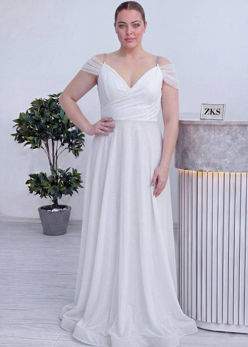 Beyaz Büyük Beden Piliseli Kruvaze Abiye Elbise