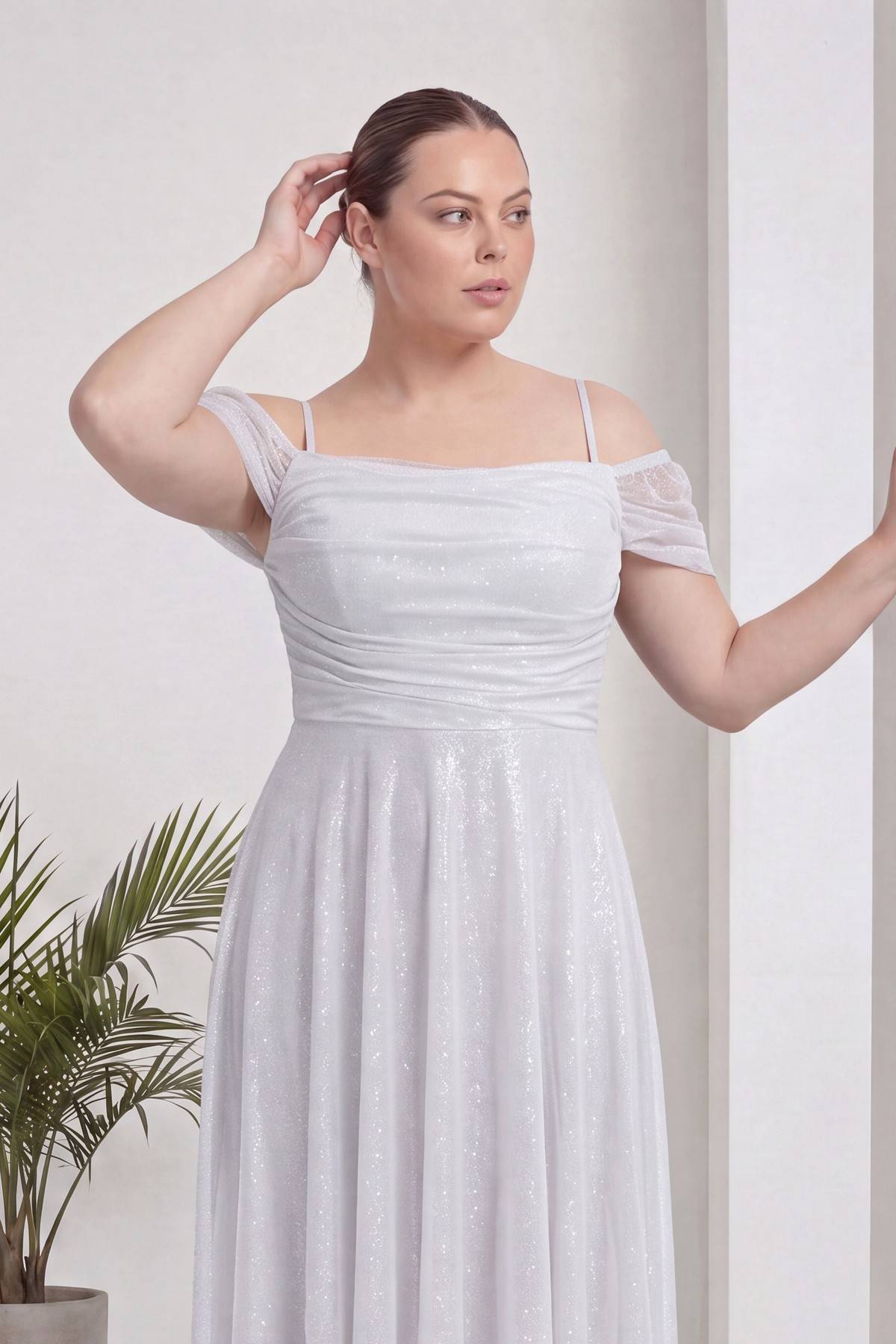 Beyaz midi büyük beden simli kloş kadın nikah elbise 