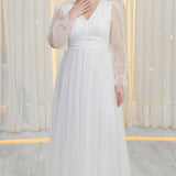 Beyaz Büyük Beden V Yaka Uzun Tül Abiye Elbise