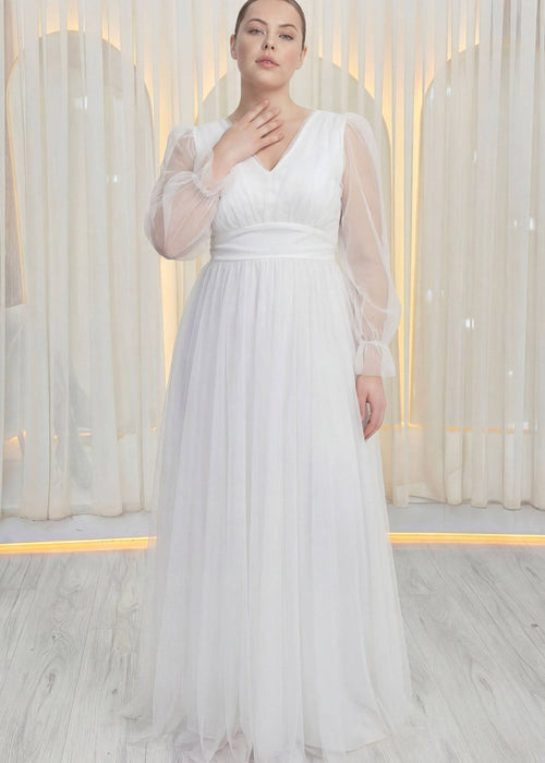 Beyaz Büyük Beden V Yaka Uzun Tül Abiye Elbise