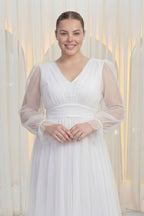 ZKS büyük beden beyaz V yaka tül abiye elbise, uzun kollu, ön detay, elleri kavuşmuş