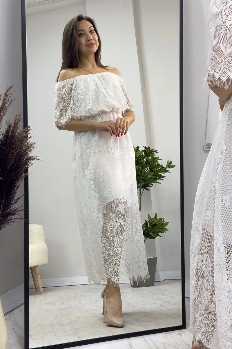 Beyaz Güpür Detay Carmen Elbise