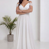 Beyaz Düşük Omuz Simli Uzun Nikah Abiye Elbise