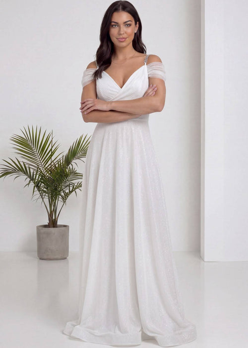 Beyaz Düşük Omuz Simli Uzun Nikah Abiye Elbise