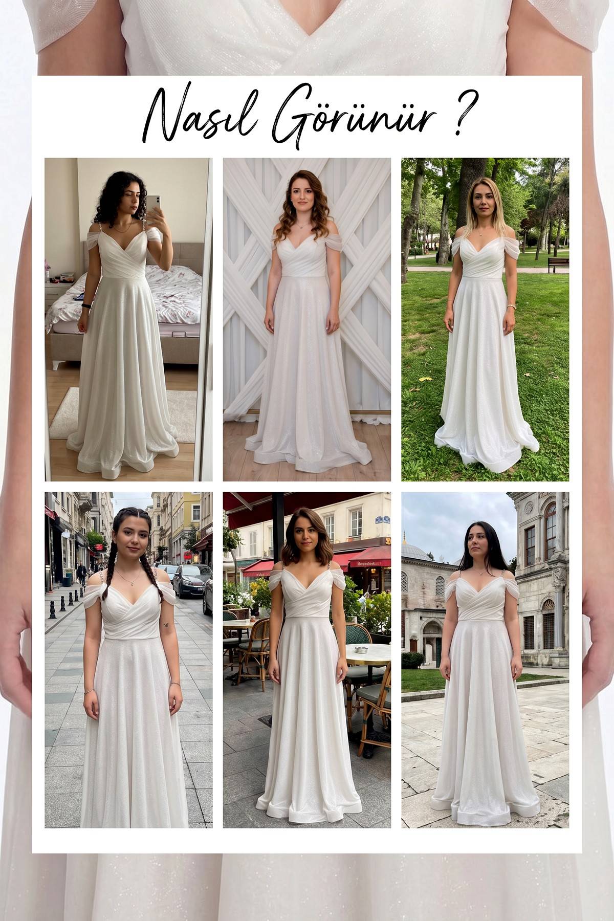 Farklı mekanlarda giyilmiş beyaz simli, düşük omuzlu, piliseli V yaka abiye elbise kolajı